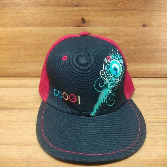 COOGI 7-1/2 Fitted Hat Embroidered Baseball Cap Peacock Feather Black Red Blue - Picture 1 of 6